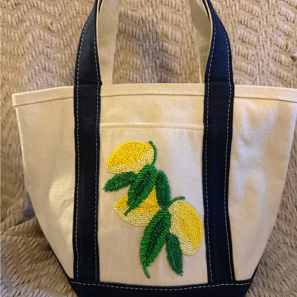 Anthropologie Embroidered Canvas Tote Bag with Lemon Design